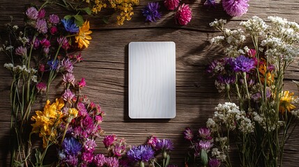 Poster - Blank tarot card for mockup surrounded by colorful wildflowers on a wooden background in natural light during the afternoon