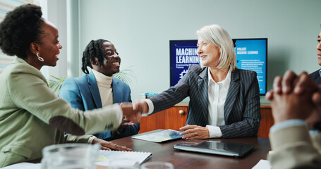 Poster - Business, people and handshake in presentation for success of B2B onboarding, machine learning deal or contract. Data scientist, office and shaking hands with training coach for AI system development