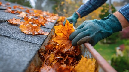 Poster - Cleaning the gutter from autumn leaves before winter season, preparing home for cold weather, fall cleanup with leaves and debris, seasonal maintenance to prevent clogged gutters and water damage