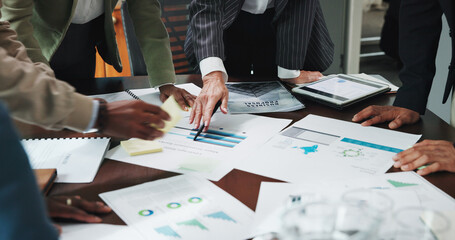 Fototapete - Hands, documents and business people in office with statistics, data or graphs for finance. Team, meeting and group of financial planners with paperwork for investment, profit or budget report.