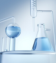 Cosmetic scientific skincare background materials, podium display with glass flask, Laboratory 3d rendering Background.