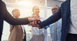 © peopleimages.com - Business people, hands together and teamwork, support or collaboration with company goals, success or mission. Employees, professional group and circle with stack for job, target and staff synergy