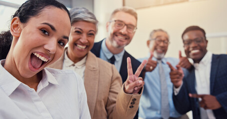 Poster - Selfie, peace sign and smile with business people in office for solidarity, about us or diversity. Community, social media and profile picture with portrait of employees for support or partnership