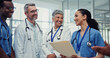 © peopleimages.com - Documents, medical and smile of doctors with nurses in hospital together for collaboration or discussion. Agenda, healthcare and schedule with happy medicine team in clinic for brainstorming