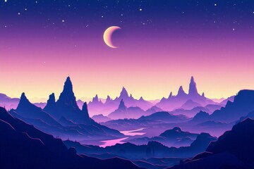 Wall Mural - Stunning digital artwork of a night sky over a mountain landscape.