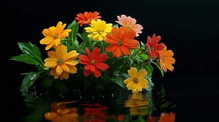 Poster - A beautiful arrangement of mixed flowers with droplets of water, artistically captured on a dark background, highlighting their colors and natural beauty.