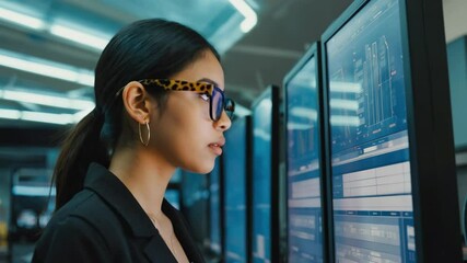 Focused young woman with leopard glasses analyzes data on multiple monitors, symbolizing concentration, intelligence and future-driven tech environment