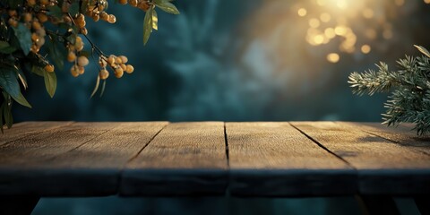 Aufkleber - Rustic Wooden Table with Berries and Bokeh Lights in Dark Green Background For Product Display and Seasonal Decoration Christmas Holiday Concept With Empty Space