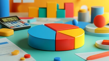 Leinwandbilder - A flat lay of a D pie chart with dynamic colors, arranged with data sheets and a calculator in the background, symbolizing financial analysis and planning.