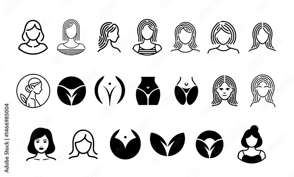 Collection of minimalist female silhouette and body outline icons for women's health clinics, beauty brands, and feminine product marketing