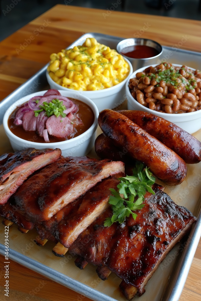 Barbecue feast with ribs, sausages, macaroni, beans, and brisket on a ...