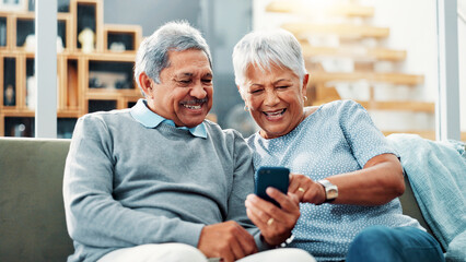 Aufkleber - Home, browsing and senior couple with smartphone, watching and streaming of movies, online and lounge. Retirement, old man and woman with mobile app for entertainment, bonding and smile for film