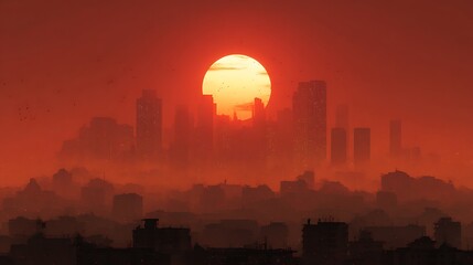 Aufkleber - Futuristic cityscape with red sun in smog, heavy pollution at sunset with dark and polluted sky