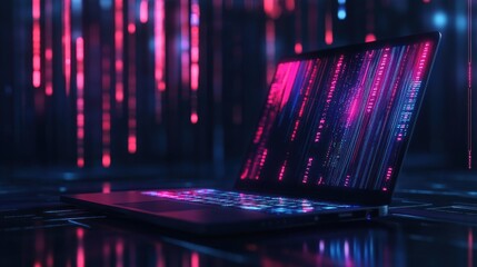 Futuristic laptop displaying vibrant digital code against a neon background. (1)