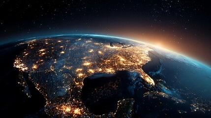 Poster - Glowing earth from space north america at night with city lights and celestial digital illustration