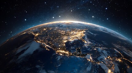 Poster - Glowing earth from space north america at night with city lights and celestial digital illustration