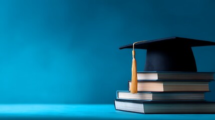 Poster - Graduation cap on stack of books against blue background symbolizing academic success and higher education achievement