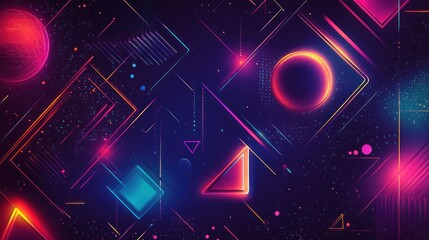 Wall Mural - abstract neon geometric shapes and planets on dark background.