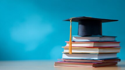 Poster - Graduation cap on stack of books against blue background symbolizing academic success and higher education achievement