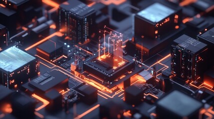 Wall Mural - futuristic cpu glowing orange on a circuit board.