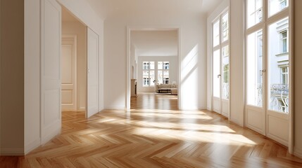 Poster - Hallway with natural wood herringbone parquet flooring, minimalistic interior with sunlight streaming through large window and hardwood flooring in living room
