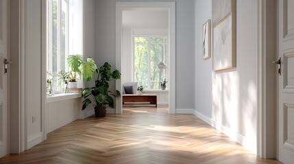 Poster - Hallway with natural wood herringbone parquet flooring, minimalistic interior with sunlight streaming through large window and hardwood flooring in living room