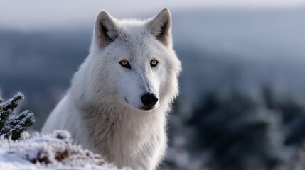 Wall Mural - Majestic white wolf in snowy landscape