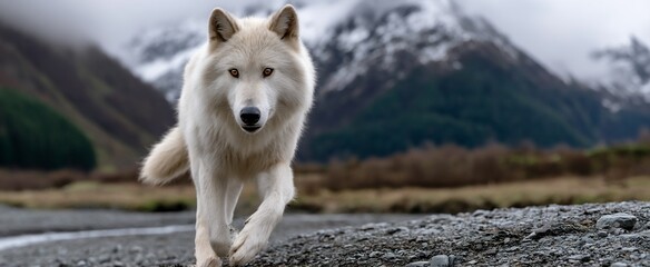 Wall Mural - majestic white wolf in mountainous terrain