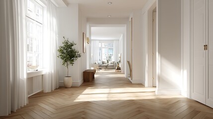 Poster - Hallway with natural wood herringbone parquet flooring, minimalistic interior with sunlight streaming through large window and hardwood flooring in living room