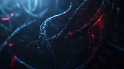 Wall Mural - abstract dark blue and red glowing energy strands.