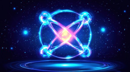 Wall Mural - glowing atom model on dark blue background with bright lights.