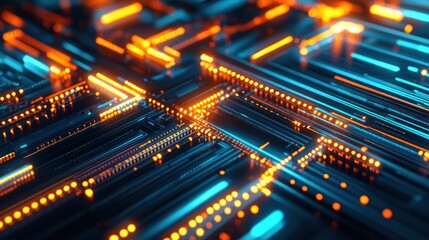 Wall Mural - abstract digital circuitry with glowing orange and blue lines.
