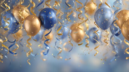 Poster - Holiday background with golden and blue metallic balloons, confetti and ribbons