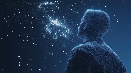 Wall Mural - abstract man gazing at starry night sky, polygonal mesh, digital art.