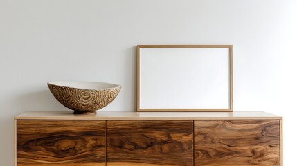 Poster - Modern wooden cabinet with decorative bowl and blank horizontal frame for wall art mockup against a minimalist white wall backdrop