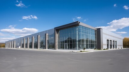 Fototapete - Modern warehouse exterior with glass facade and parking lot under blue sky on sunny day, contemporary industrial building with large glass windows, logistics industry