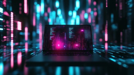 Laptop displaying futuristic code on screen in a neon-lit digital environment.