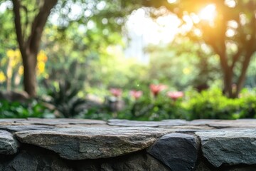 Wall Mural - stone platform in a beautiful garden with blurred flowers and sun. ideal for product placement, bann