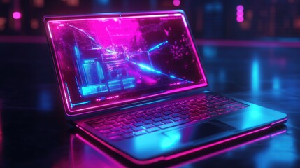 Wall Mural - futuristic laptop with vibrant neon glow displaying data streams on its screen.