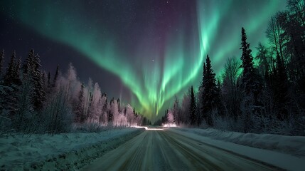 Aufkleber - Northern lights over snowy road