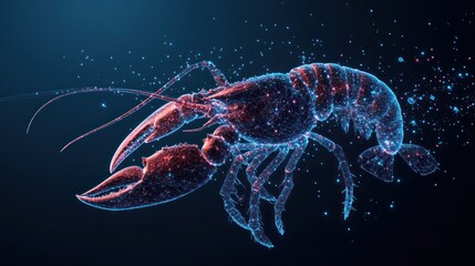 Wall Mural - abstract digital illustration of a lobster, composed of glowing particles.