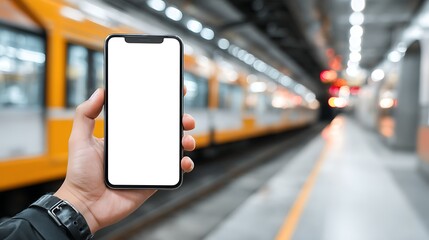 Poster - Person, s hand holding mobile phone with white empty screen in front of blurry subway train entering station platform with train on background, mock up of a smartphone concept
