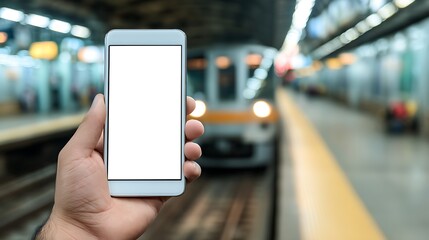 Poster - Person, s hand holding mobile phone with white empty screen in front of blurry subway train entering station platform with train on background, mock up of a smartphone concept