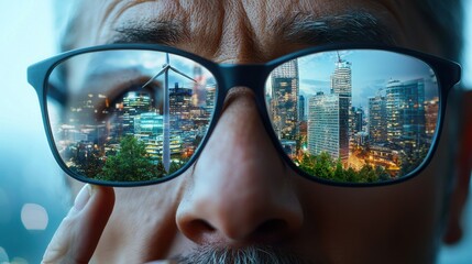 Fototapete - A man wearing glasses is looking at a cityscape