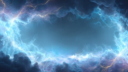 Aufkleber - Realistic thunder light and blue smoke cloud bottom frame, mysterious lightning glow border wide panoramic element