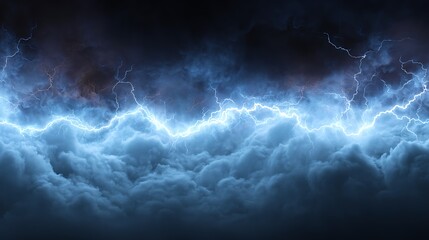 Poster - Realistic thunder light and blue smoke cloud bottom frame, mysterious lightning glow border wide panoramic element