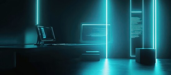 Wall Mural - futuristic workspace with neon lights, computer, and code on screen.