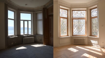 Aufkleber - Renovated rooms with spacious windows and heating systems, both before and after the restoration process, examination of the differences between an old apartment and a newly renovated residence