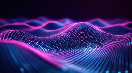 Wall Mural - abstract digital wave background with glowing pink and blue particles.