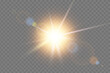 © Azat Valeev - Bright sunburst with glowing rays and golden shine. Abstract sunlight effect with sparkling glare. Ideal for summer, nature and weather designs. Vector illustration.